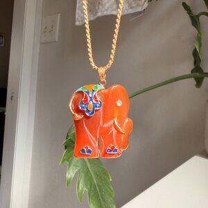 Vintage Genuine Carnelian Stone Elephant Pendant - Gold Plated